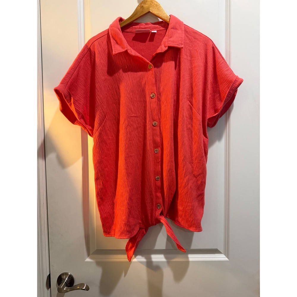 Belle by Kim Gravel Coral Pink Textured Tie Front Button Down Top Womens 1X
